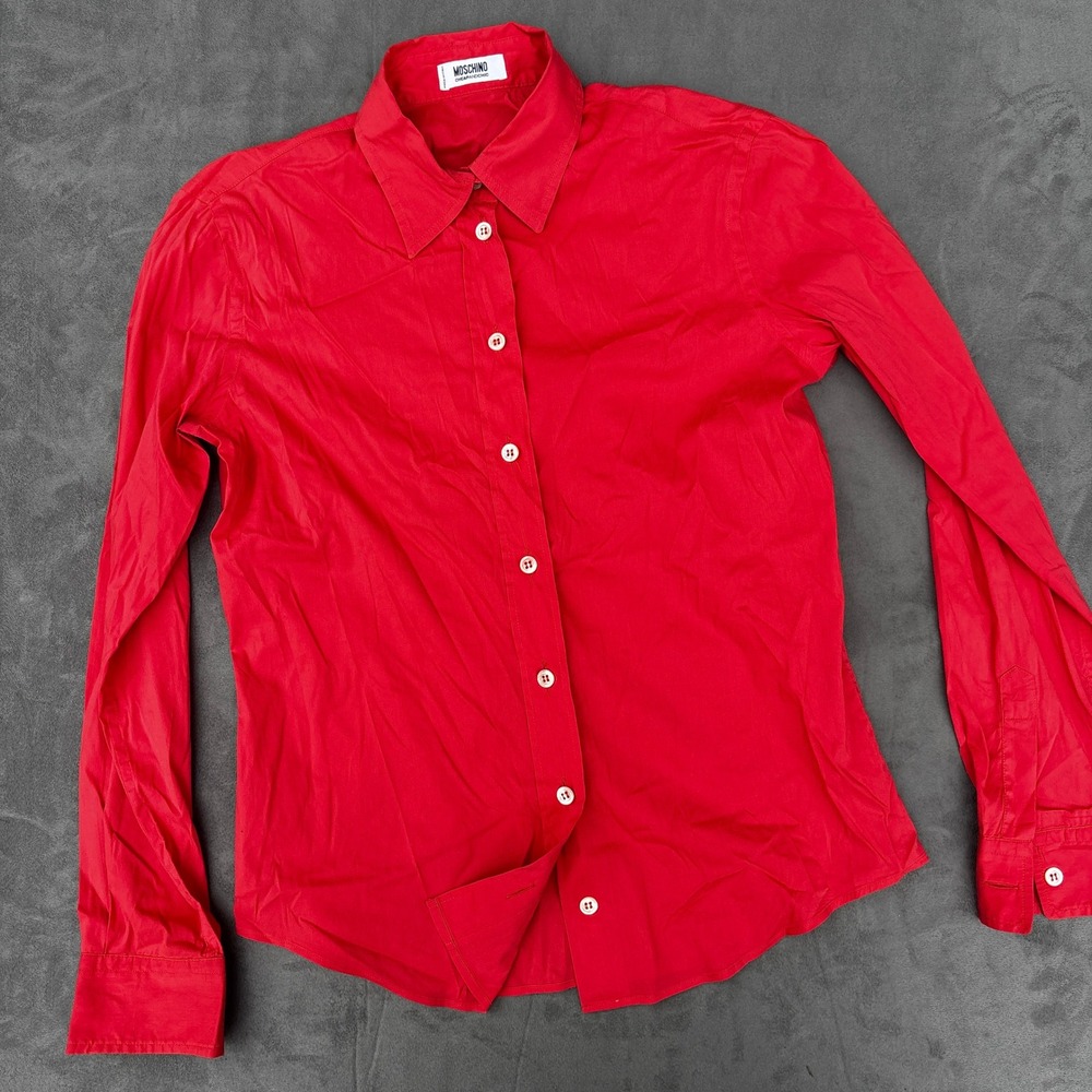 Moschino Cheap and Chic Shirt Size 10 Red Button Down Stretch Poplin Long Sleeve